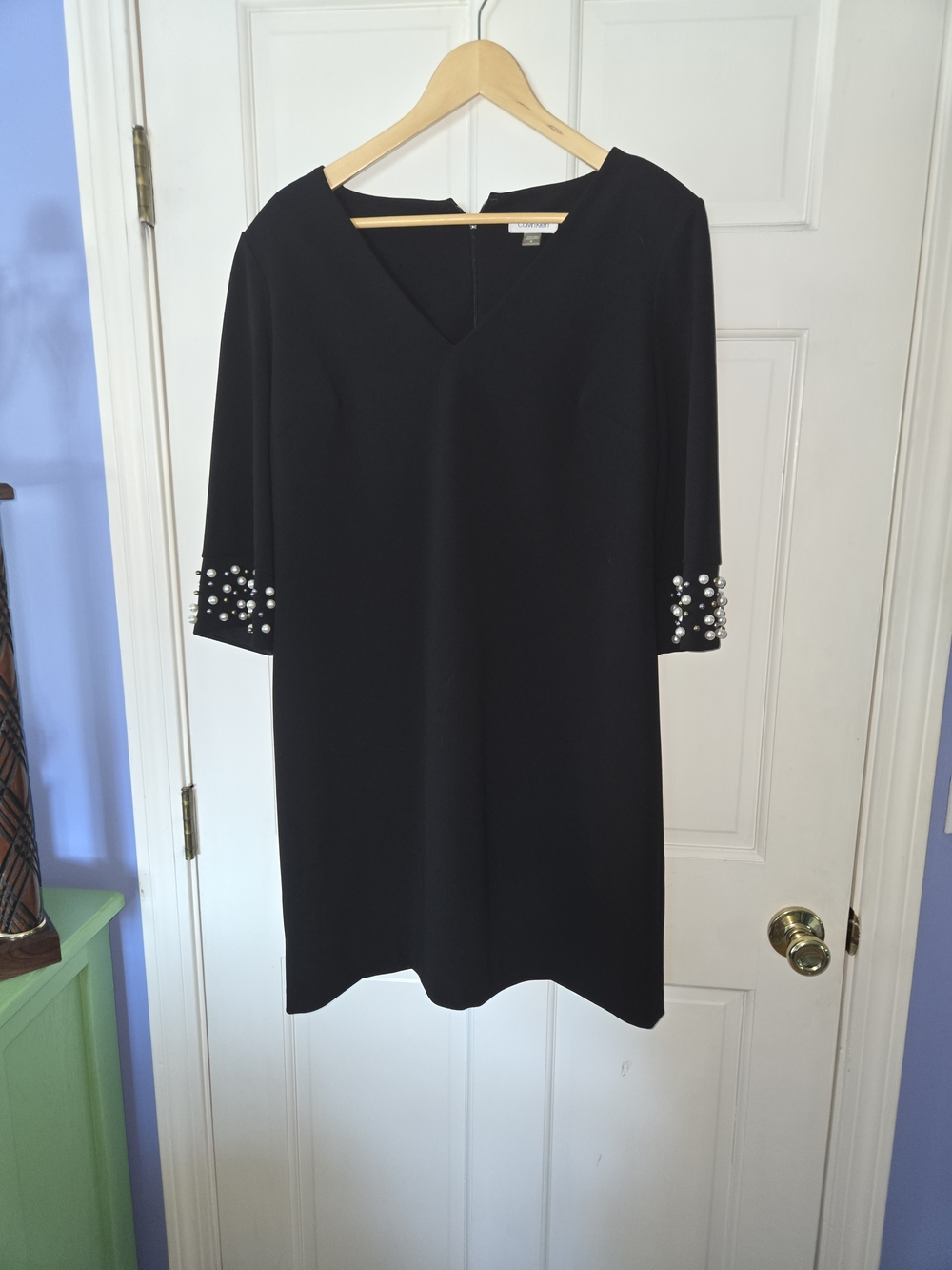 Calvin Klein Black Shift Tunic with Pearl-Embellished Sleeves